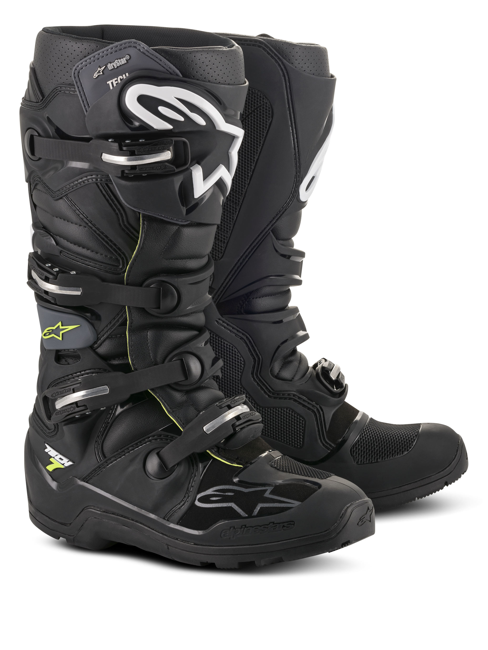 Alpinestars Tech 7 Enduro Drystar® Boots, professional motocross and enduro footwear, Black and Gray with white branding and silver buckles, rugged waterproof design with heavy-duty soles for off-road performance