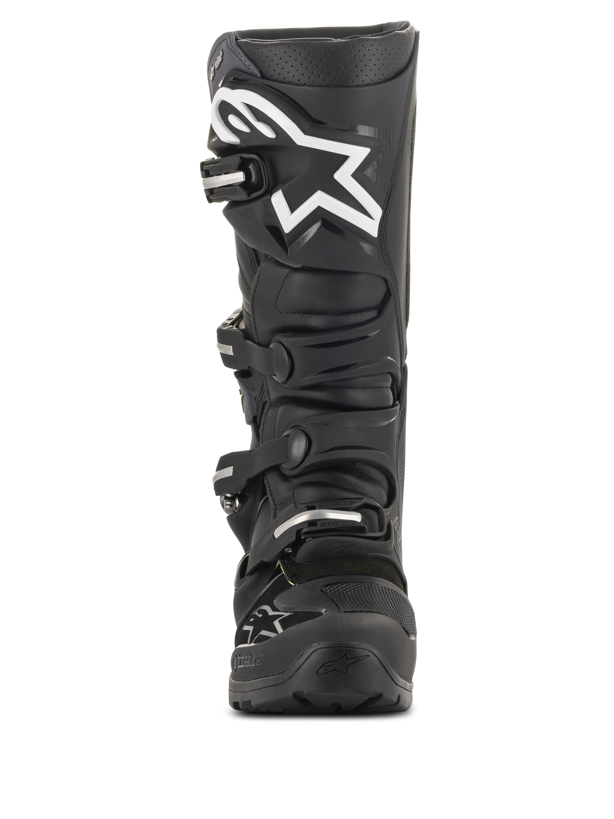 Alpinestars Tech 7 Enduro Drystar® Boots, Black Motocross Boots, front view featuring a large white star logo on the shin, four-buckle closure system, durable TPU construction for enduro and off-road riding
