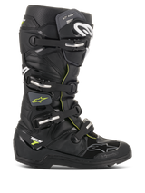 Alpinestars Tech 7 Enduro Drystar Boots, Black with Fluorescent Yellow accents, waterproof off-road motorcycle boots featuring four silver buckles, a rugged high-grip sole, and protective TPU construction for Enduro riding