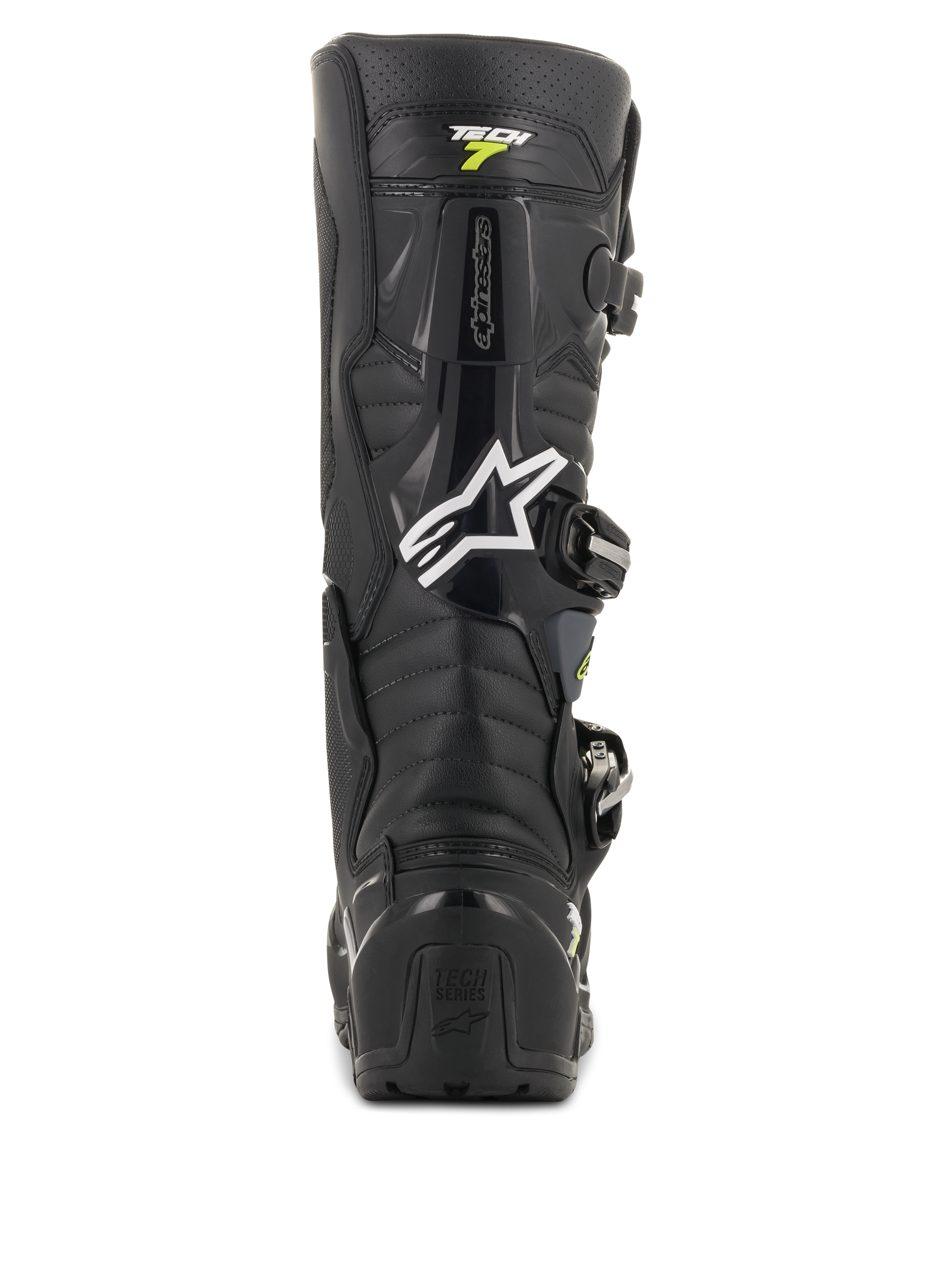 Alpinestars Tech 7 Enduro Drystar Boots, Black and Gray Motocross Boots, rear view featuring the white Alpinestars logo and 'Tech 7' branding, rugged TPU heel protection and reinforced construction for off-road durability