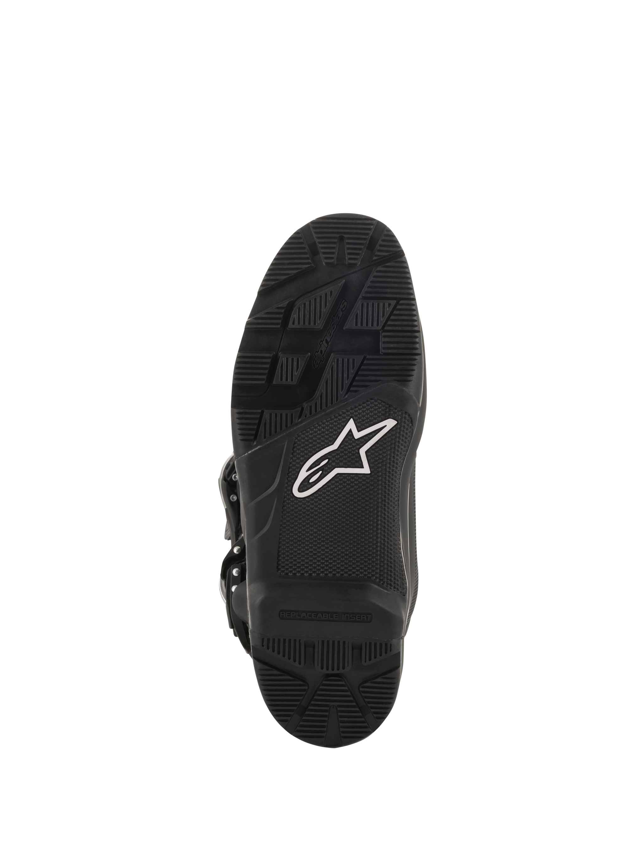 Alpinestars Tech 7 Enduro Drystar® Boots, Motocross and Enduro Boots, Sole view in Black, high-grip rubber compound featuring a white star logo and replaceable insert for durable off-road performance