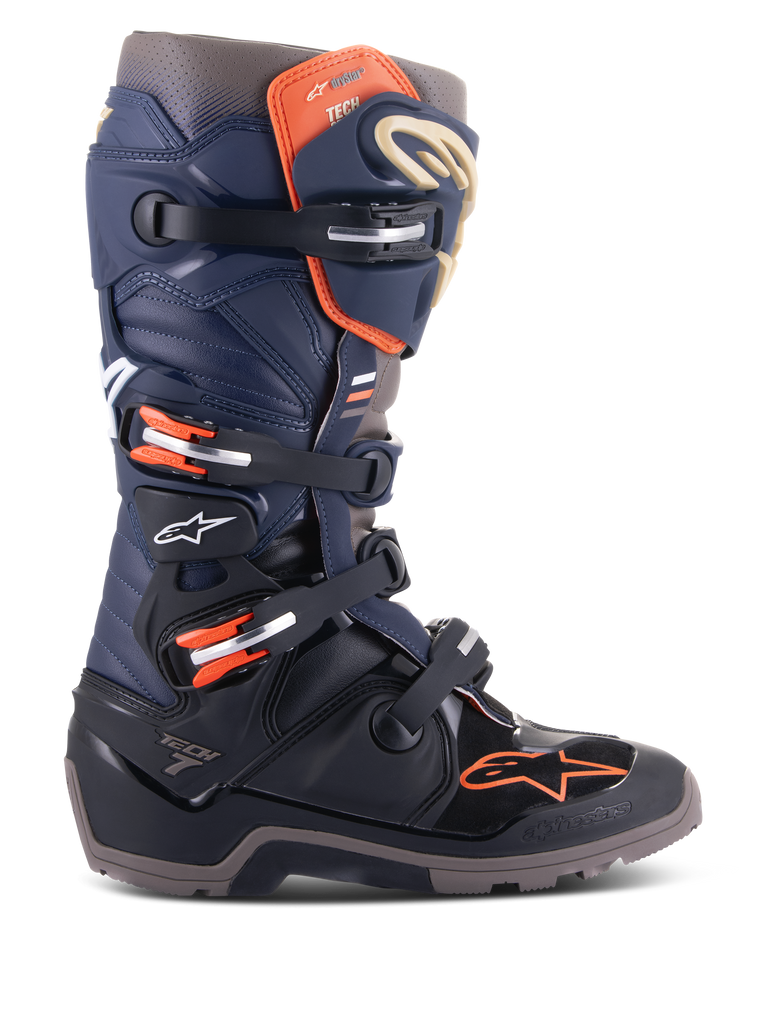 Alpinestars Tech 7 Enduro Drystar Boots, Motorcycle Enduro Boots, Blue and Black with Orange accents, Multiple Adjustable Buckles, Rugged Reinforced Sole, Waterproof Protection, Off-road Adventure Boots
