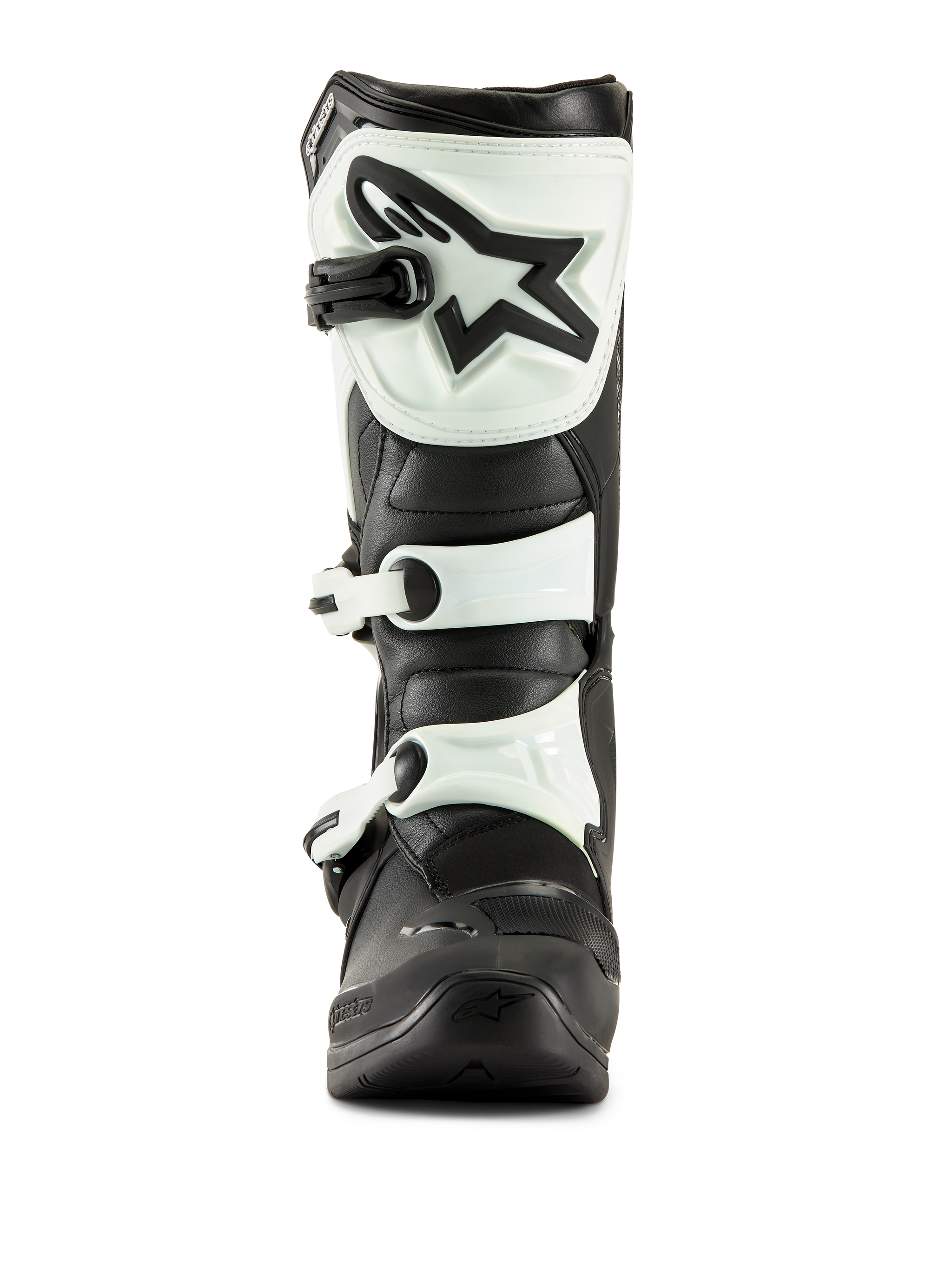 Alpinestars Tech 3 Boots, Motocross Boots, Black and White, front view showing white TPU shin plate with black star logo and white buckle straps, durable off-road footwear