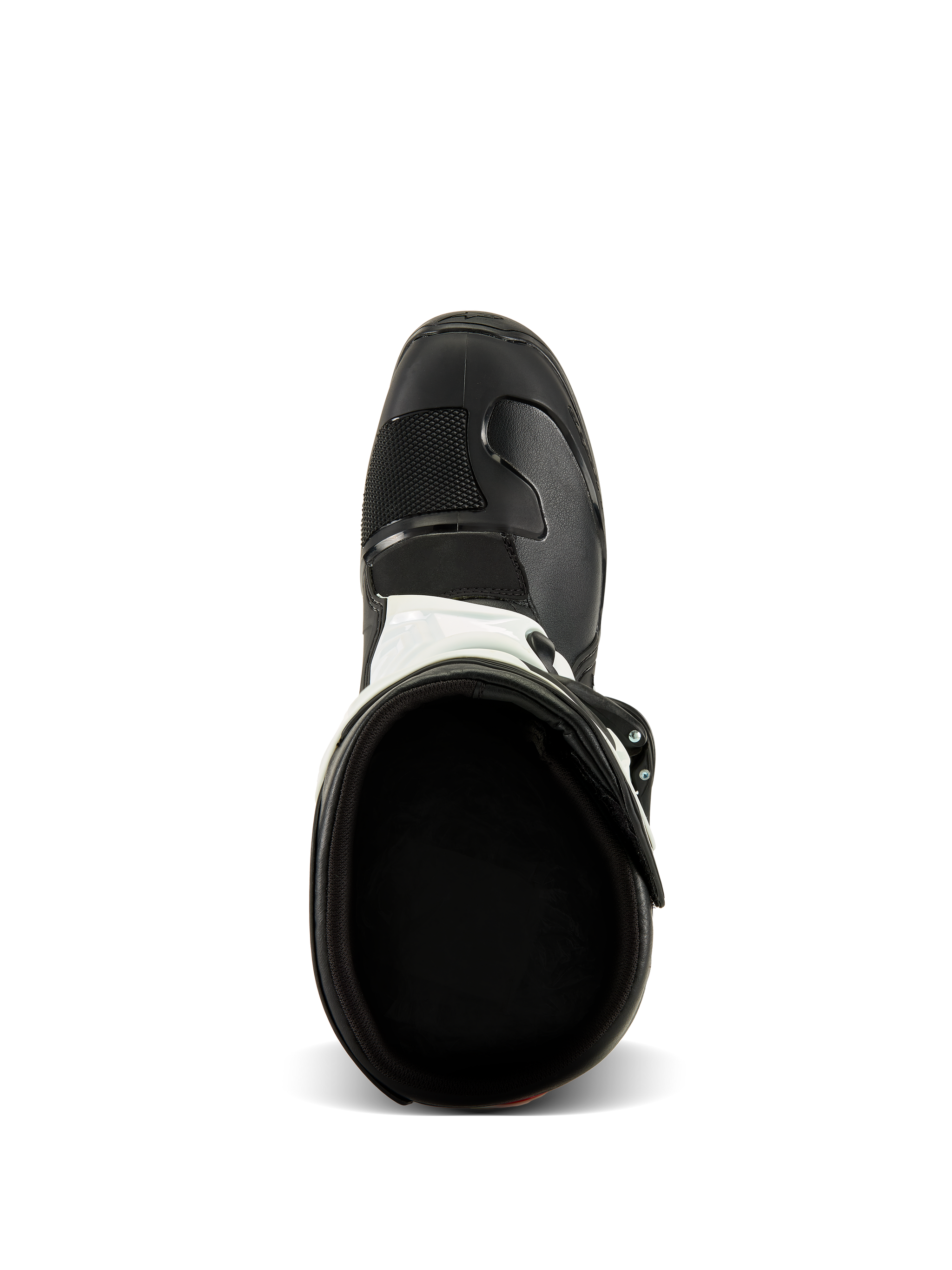 Alpinestars Tech 3 Boots, Top-down view, Black and White, showing the interior textile lining and reinforced black toe box, motocross and off-road protective footwear