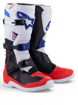 Alpinestars Tech 3 Boots, white and bright red motocross boots with dark blue accents and triple buckle closures, pair shown