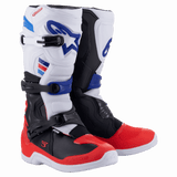 Alpinestars Tech 3 Boots, Motocross and Off-Road Boots, White Bright Red and Dark Blue, featuring triple buckle closure, TPU shin and heel plates, durable microfiber construction with white soles and blue logo accents