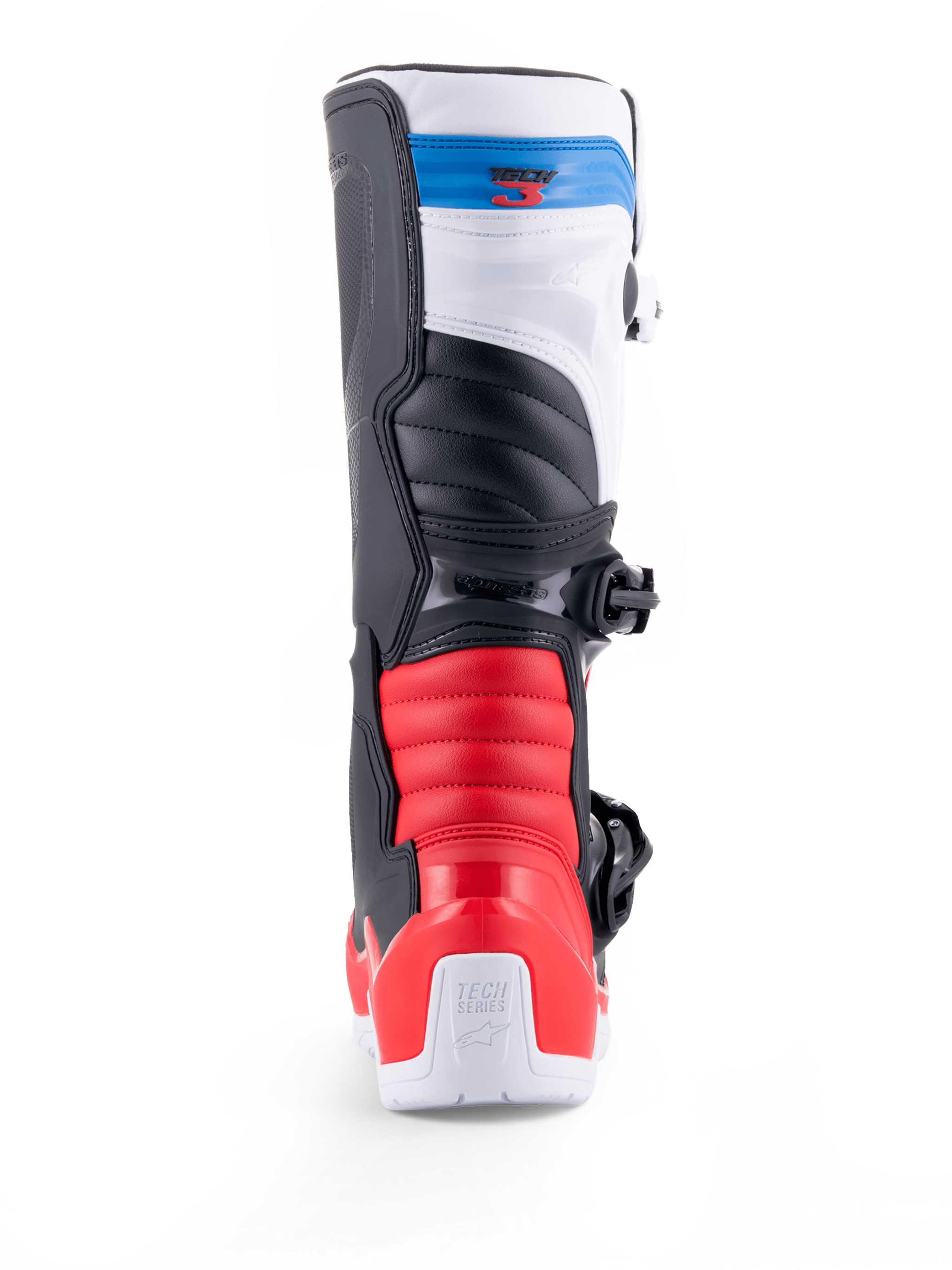 Alpinestars Tech 3 Boots, motocross off-road motorcycle boot shown from the rear, white with bright red and dark blue accents, protective TPU construction and buckle closure
