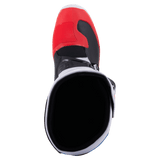 Alpinestars Tech 3 Boots, Motocross Boots, White Bright Red and Dark Blue, top-down view looking into the boot opening, featuring a red toe box and black interior lining, lightweight microfiber and TPU construction for off-road racing