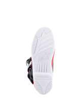Alpinestars Tech 3 Boots, motocross boots shown from the underside with a high-grip white outsole, bright red and dark blue accents, and black buckles