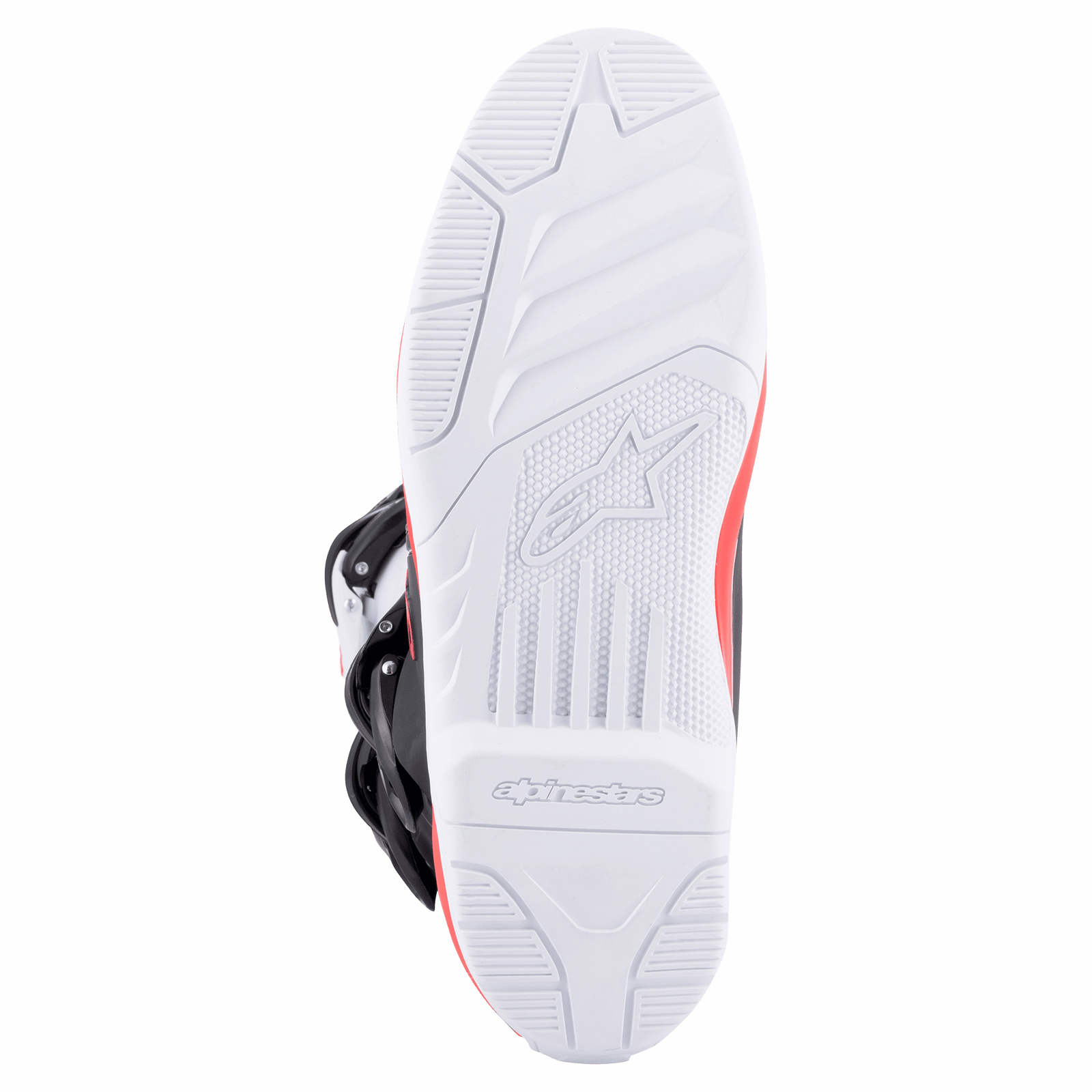 Alpinestars Tech 3 Boots, White Bright Red Dark Blue, close-up of the white high-grip rubber outsole with textured tread and debossed logo, designed for motocross and off-road performance.