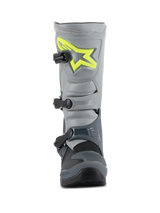 Alpinestars Tech 3 Boots, Motocross Boots, Dark Gray Light Gray and Black, front view featuring a bright yellow logo on the shin plate, three black polymer buckles, and a durable TPU shell for off-road racing