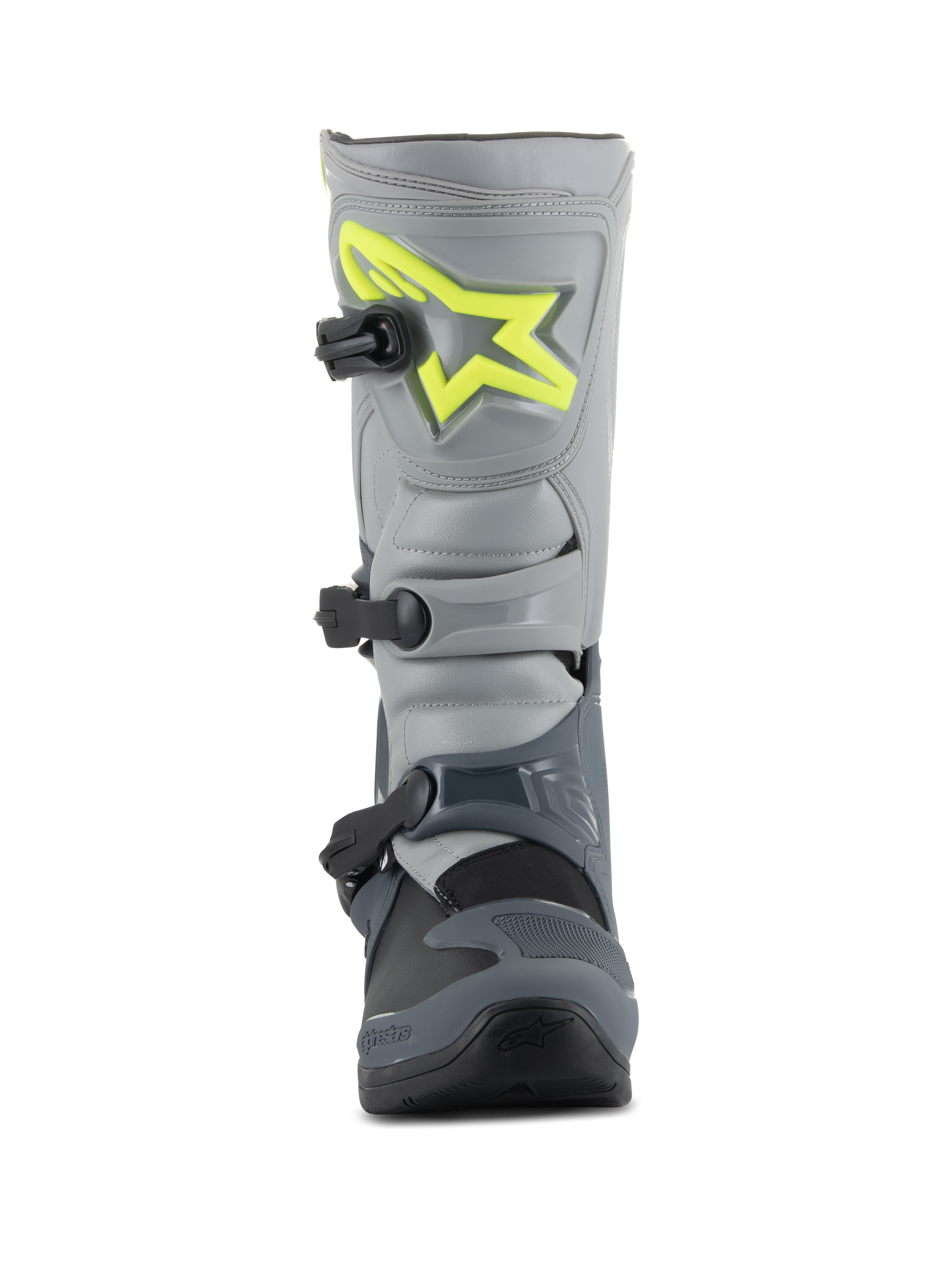 Alpinestars Tech 3 Boots, Motocross Boots, Dark Gray Light Gray and Black, front view featuring a bright yellow logo on the shin plate, three black polymer buckles, and a durable TPU shell for off-road racing