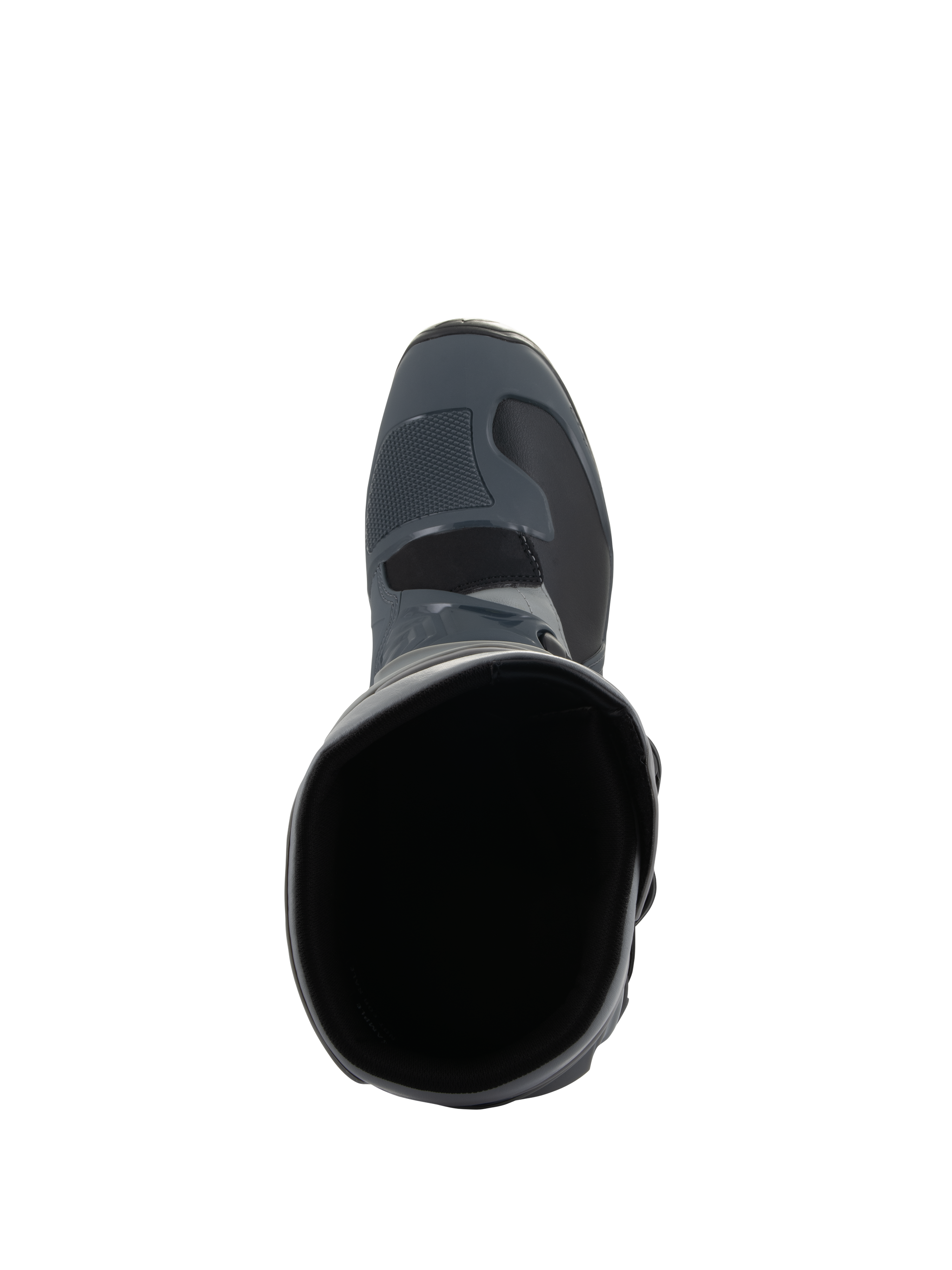 Alpinestars Tech 3 Boots, Motocross Boots, Dark Gray Light Gray and Black, Top-down view looking into the boot opening, featuring textured toe box and durable microfiber construction, designed for off-road performance