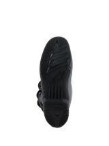 Alpinestars Tech 3 Boots, Dark Gray Light Gray Black, bottom view showing the high-grip rubber compound outsole, textured black tread with central Alpinestars logo, engineered for footpeg control and traction in off-road conditions