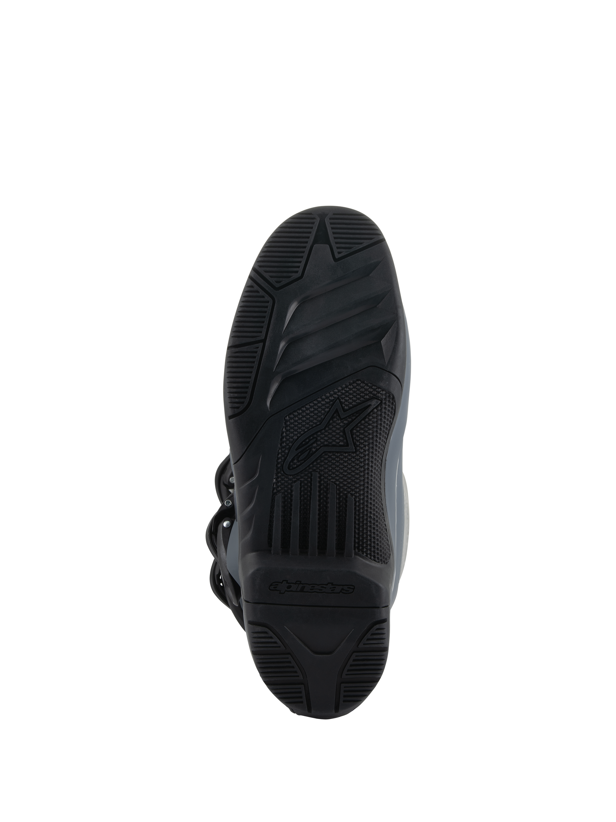 Alpinestars Tech 3 Boots, Dark Gray Light Gray Black, bottom view showing the high-grip rubber compound outsole, textured black tread with central Alpinestars logo, engineered for footpeg control and traction in off-road conditions