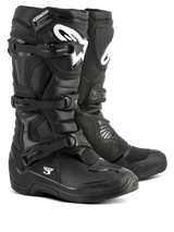 Alpinestars Tech 3 Boots, Black Motocross Boots, Off-road performance footwear, triple buckle closure system, TPU reinforced shin plate with white logo branding, durable high-grip sole, lightweight microfiber construction