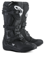 Alpinestars Tech 3 Enduro Boots, Motocross and Off-Road Boots, Black with White logos, triple polymer buckle system, durable TPU protection, rugged all-terrain sole design