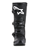 Alpinestars Tech 3 Enduro Boots, Off-Road Motorcycle Boots, Black, front view featuring a white Alpinestars logo on the shin plate, three-buckle closure system, and rugged microfiber and TPU construction.