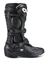 Alpinestars Tech 3 Enduro Boots, Black Off-Road Motorcycle Boots, side profile showing triple buckle closure system, reinforced TPU protection panels, high-traction lugged sole, and white Alpinestars branding.