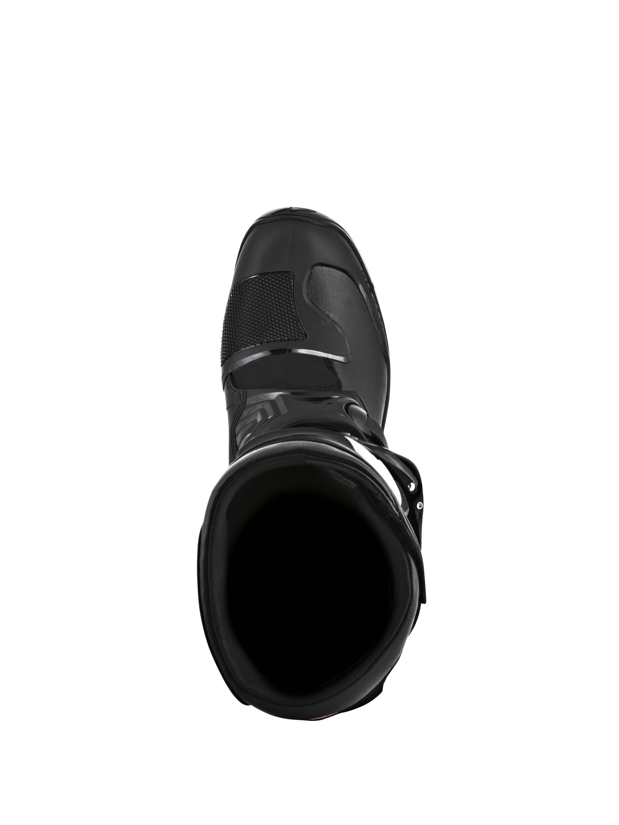 Alpinestars Tech 3 Enduro Boots, Black, top-down view looking into the boot opening, showing the interior collar and reinforced toe box area, designed for off-road and enduro riding.