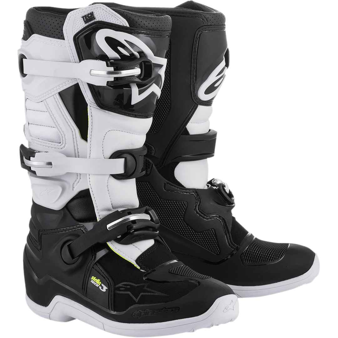 Alpinestars Women Stella Tech 3 Boots, Motocross Off-Road Boots, Black and White, featuring a three-buckle closure system, white TPU shin plates with Alpinestars branding, black microfiber upper with white panels, white soles, protective performance footwear for female riders