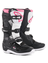 Alpinestars Stella Tech 3 Boots, Women's Motocross Boots, Black White and Pink, featuring a white shin plate with pink Alpinestars logo, black chassis with white flex zones, and a three-buckle closure system.