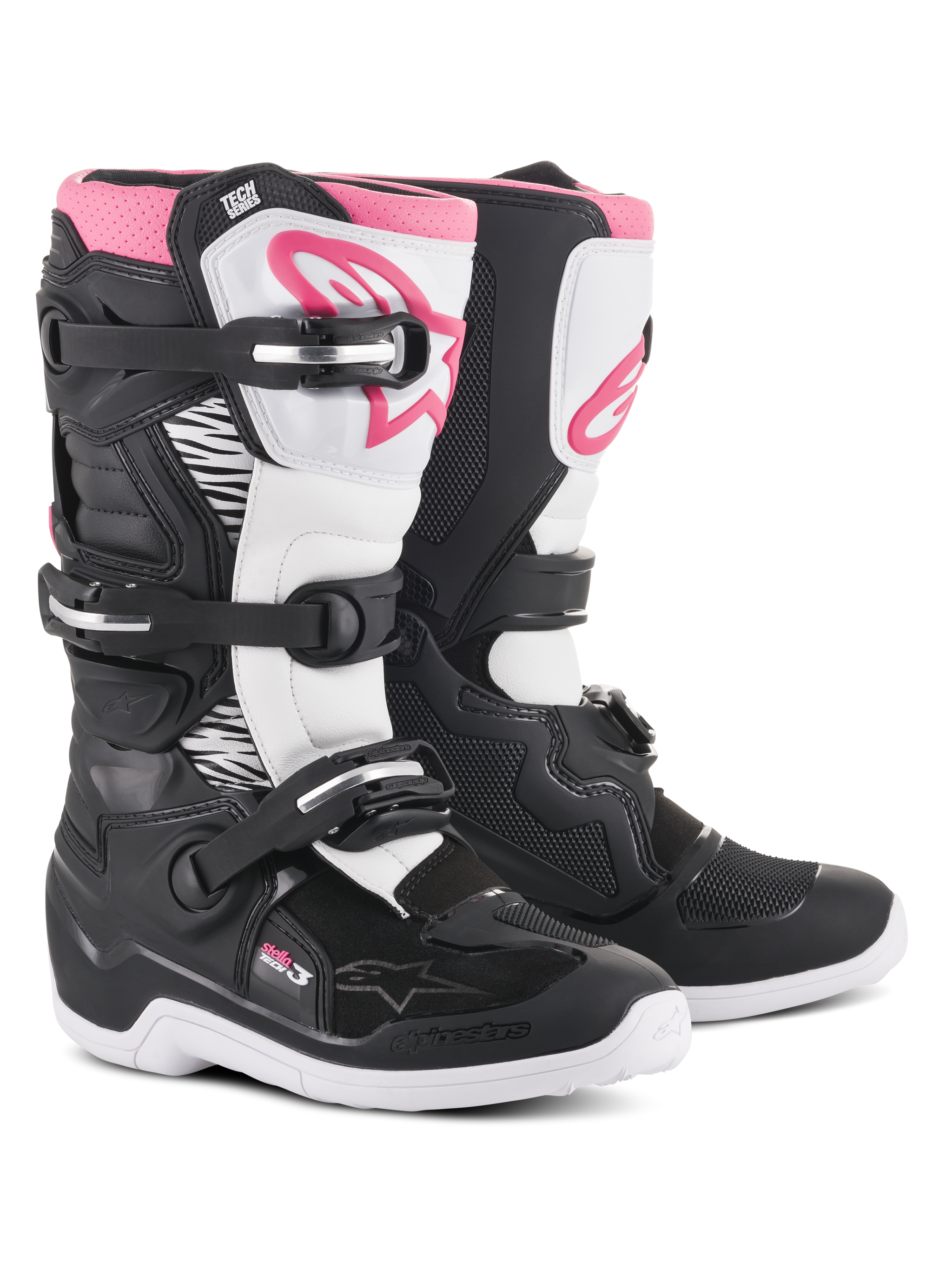 Alpinestars Stella Tech 3 Boots, Women's Motocross Boots, Black White and Pink, featuring a white shin plate with pink Alpinestars logo, black chassis with white flex zones, and a three-buckle closure system.