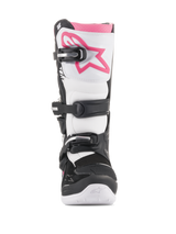 Alpinestars Women Stella Tech 3 Boots, Motocross Boots, Black White and Pink, front view featuring a white shin plate with a pink Astars logo, black buckle closure system, and pink upper cuff, durable protective footwear for off-road riding.