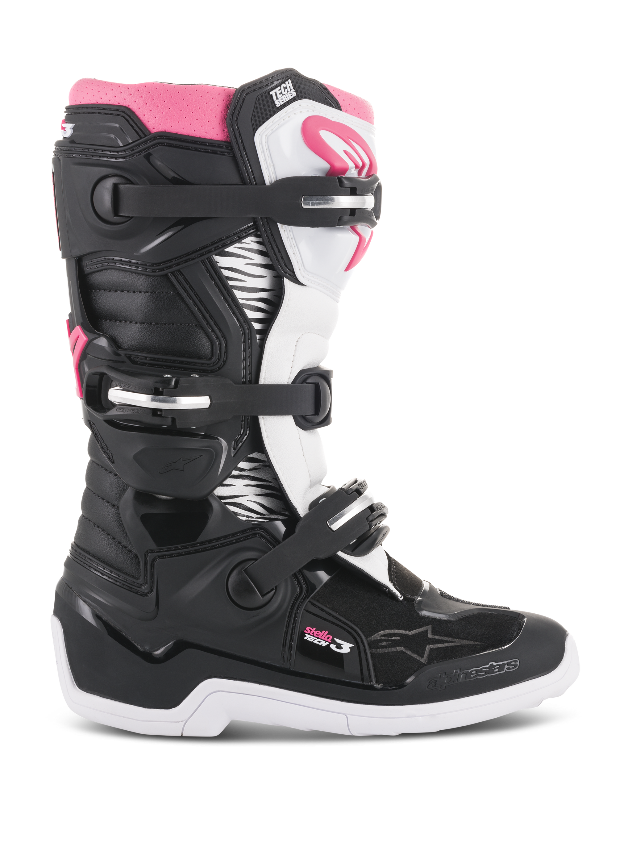 Alpinestars Women Stella Tech 3 Boots, Motocross Boots, Black White and Pink, side profile view showing the three-buckle closure system, zebra-print graphic panels, TPU shin protection, and white rubber outsole for off-road riding