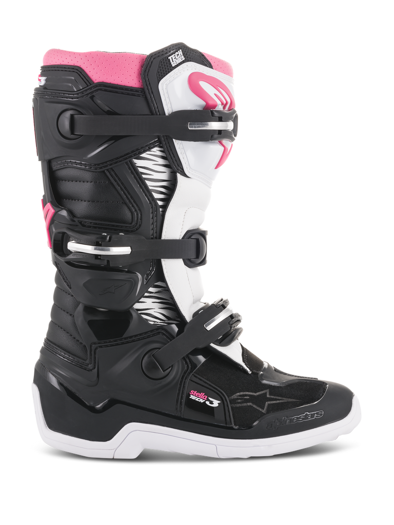 Alpinestars Women Stella Tech 3 Boots, Motocross Boots, Black White and Pink, side profile view showing the three-buckle closure system, zebra-print graphic panels, TPU shin protection, and white rubber outsole for off-road riding