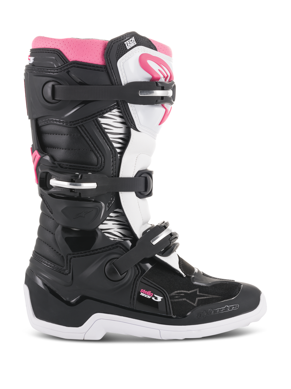 Alpinestars Women Stella Tech 3 Boots, Motocross Boots, Black White and Pink, side profile view showing the three-buckle closure system, zebra-print graphic panels, TPU shin protection, and white rubber outsole for off-road riding