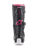 Alpinestars Women Stella Tech 3 Boots, Motocross Boots, Black White and Pink, back view showing the pink Alpinestars star logo, pink top rim, black textured panels, and white heel with Tech Series branding.
