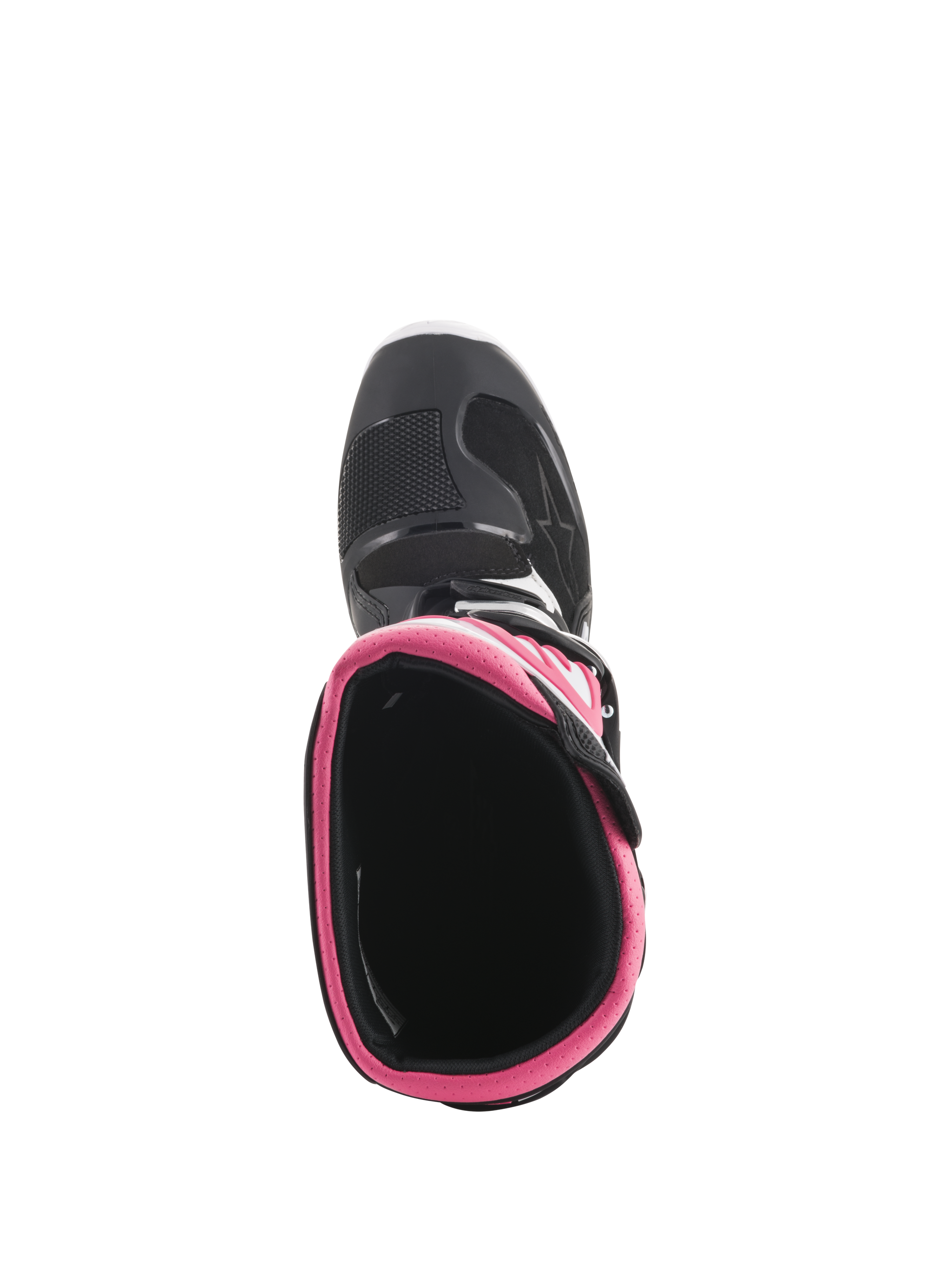 Alpinestars Women Stella Tech 3 Boots, Motocross Boots, Black White and Pink, top-down view showing pink interior collar and toe shell, durable footwear for off-road racing