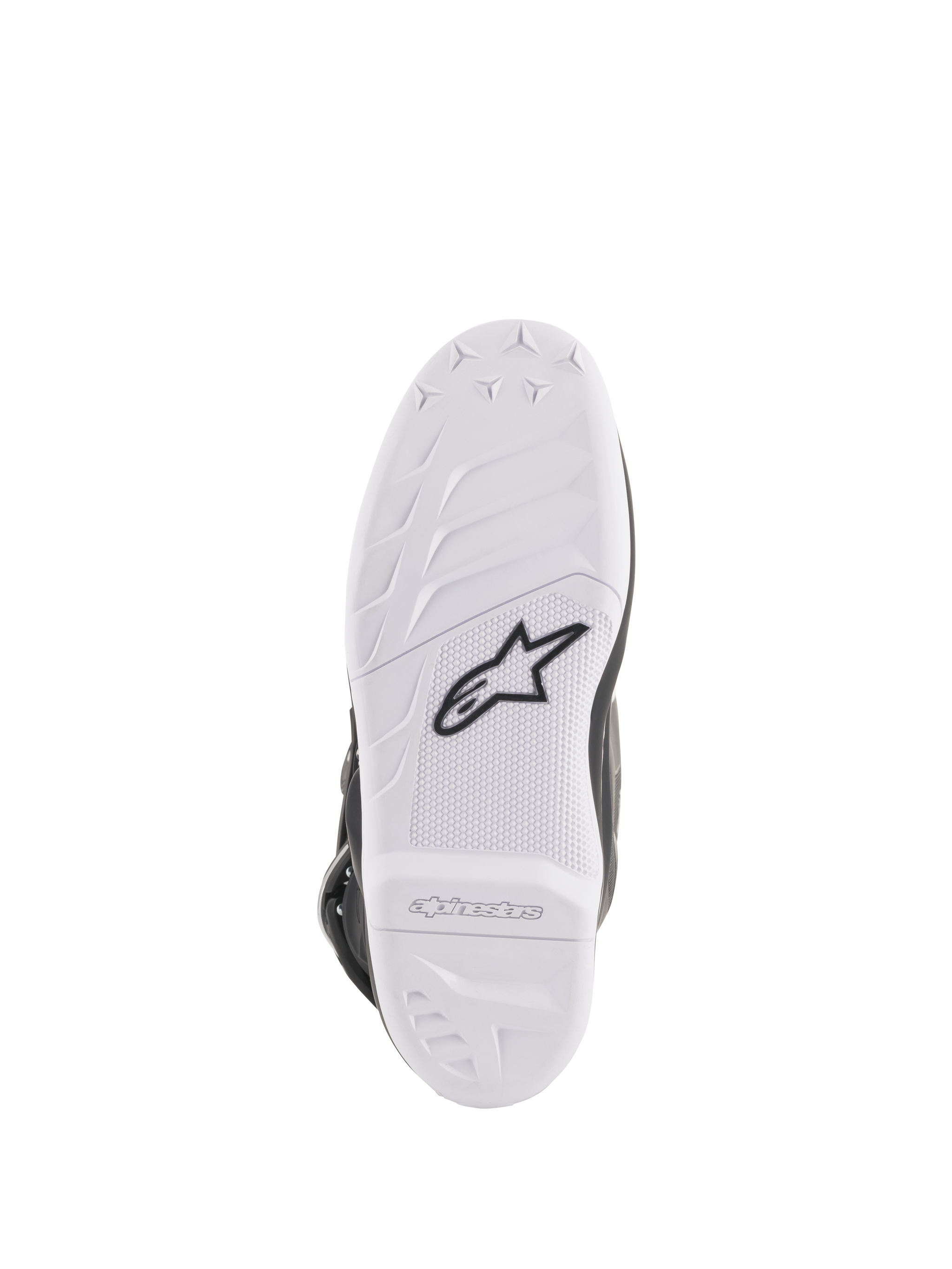 Alpinestars Women Stella Tech 3 Boots, Sole View, White rubber compound with black Astar logo, textured grip patterns and embossed branding, durable and replaceable motocross boot sole