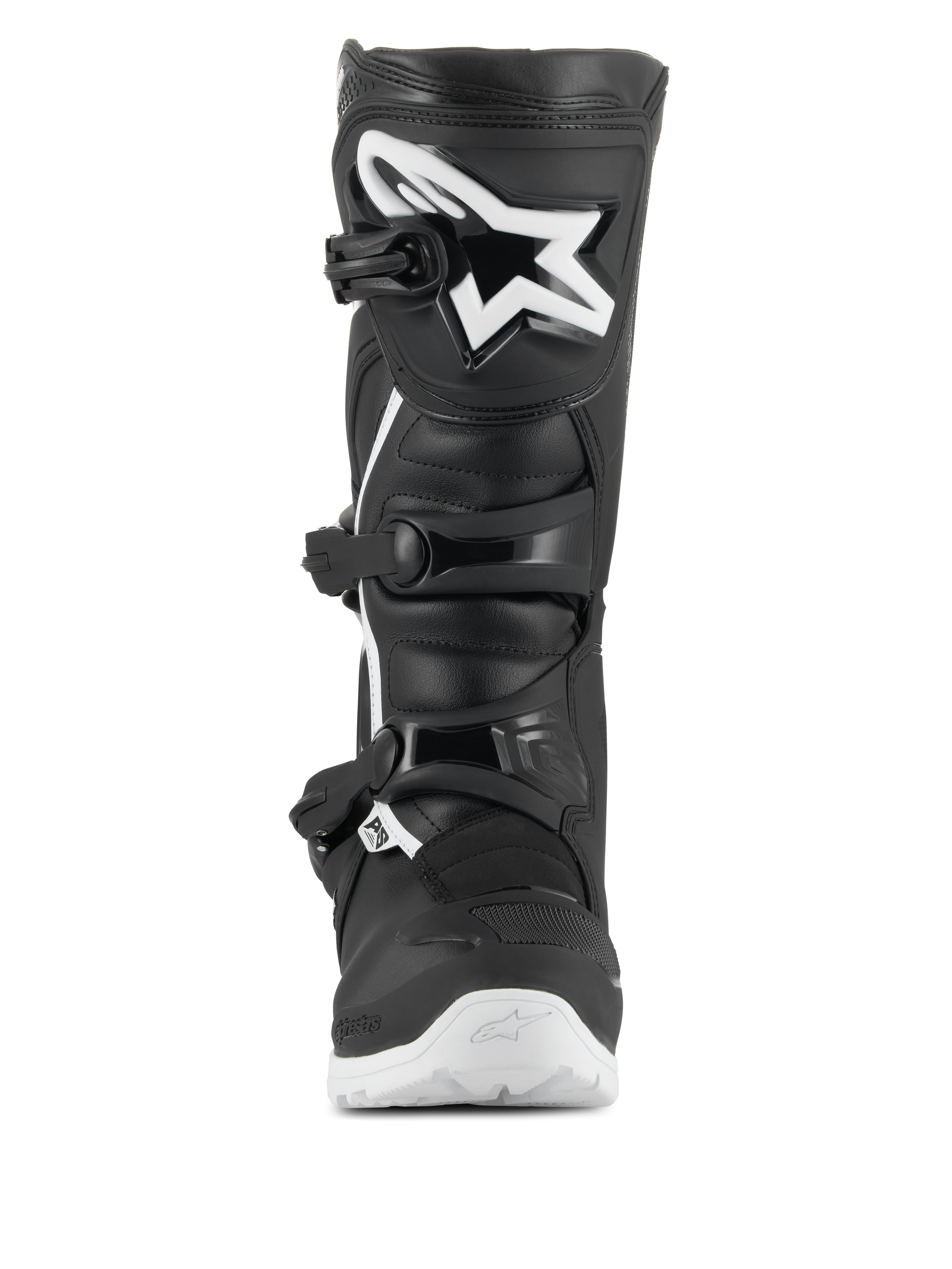 Alpinestars Tech 3 Enduro Waterproof Boots, Motocross and Enduro Boots, Black and White, frontal view featuring a large white star logo on the TPU shin plate, triple buckle closure system, and rugged white sole for off-road traction.