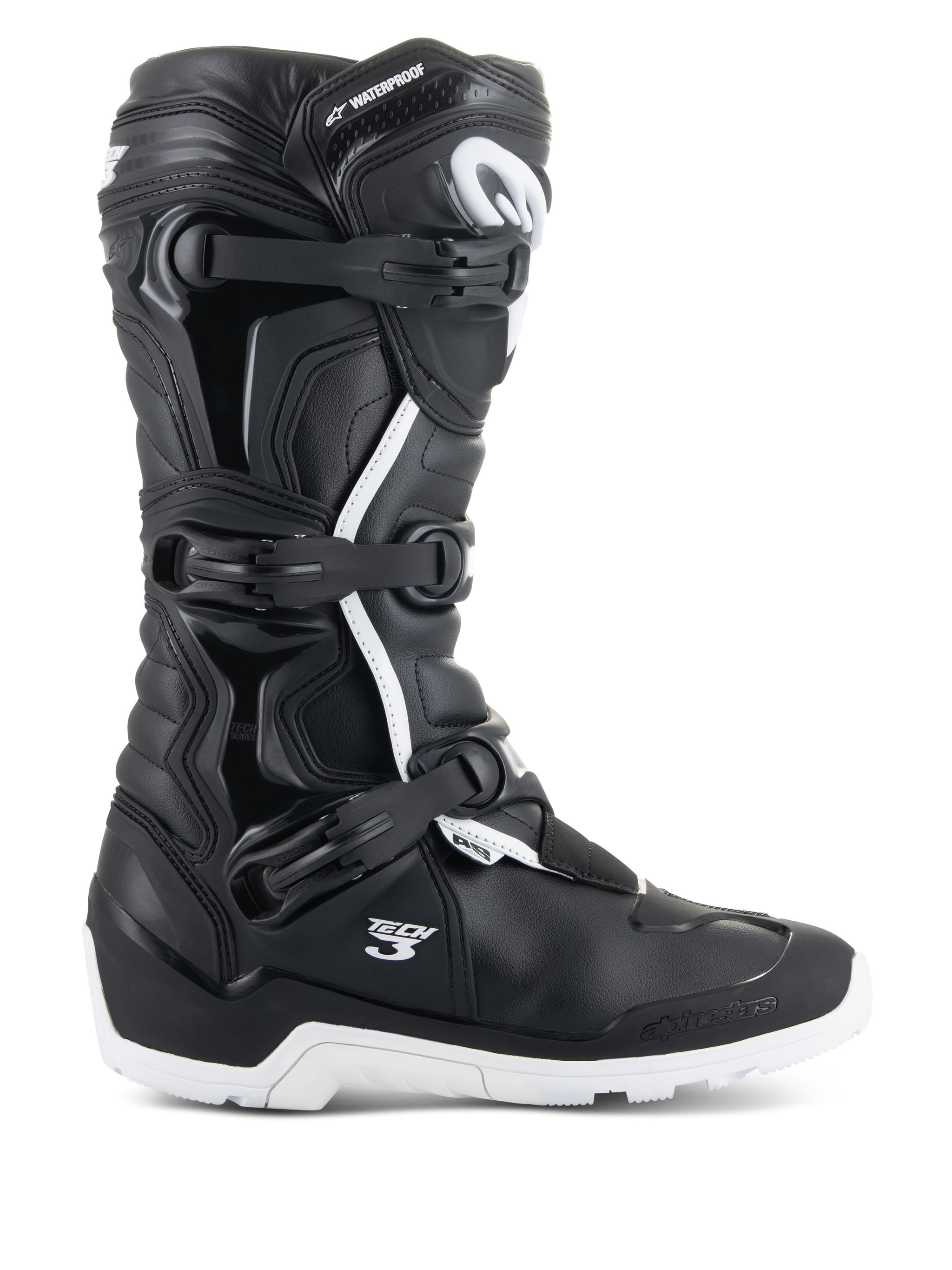 Alpinestars Tech 3 Enduro Waterproof Boots, profile view, Black and White, features triple buckle closure system, reinforced TPU protection panels, rugged white sole, "Tech 3" and "Waterproof" branding, durable off-road and adventure motorcycle footwear