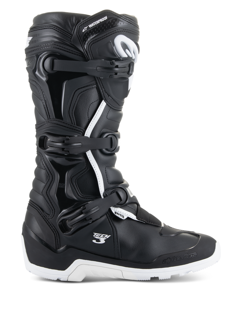 Alpinestars Tech 3 Enduro Waterproof Boots, profile view, Black and White, features triple buckle closure system, reinforced TPU protection panels, rugged white sole, "Tech 3" and "Waterproof" branding, durable off-road and adventure motorcycle footwear