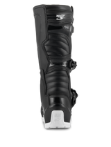 Alpinestars Tech 3 Enduro Waterproof Boots, Motocross and Enduro Boots, Black and White, rear view showing the Tech 3 logo on the calf, accordion-style flex panels, and a white heel protector with Tech Series branding, designed for off-road and adventure riding