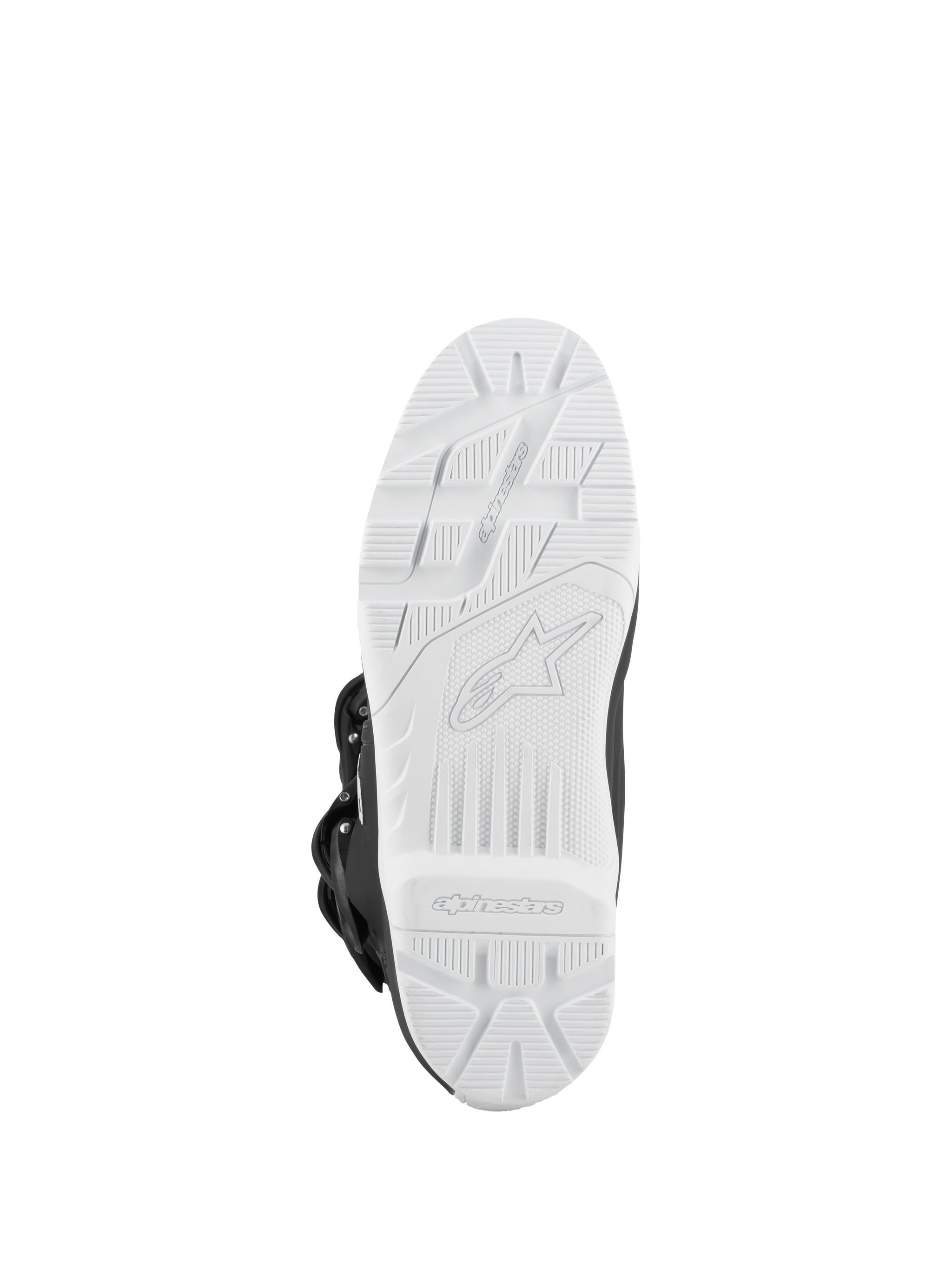 Alpinestars Tech 3 Enduro Waterproof Boots, Black and White, bottom view of the white high-grip lugged sole, off-road traction pattern with embossed logo, durable outsole designed for motocross and enduro performance.