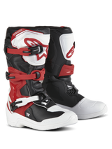 Alpinestars Youth Tech 3S Boots, Motocross Boots, White Black and Bright Red, three-buckle closure system, TPU shin plate with Alpinestars logo, durable microfiber upper and reinforced foot shell for off-road performance