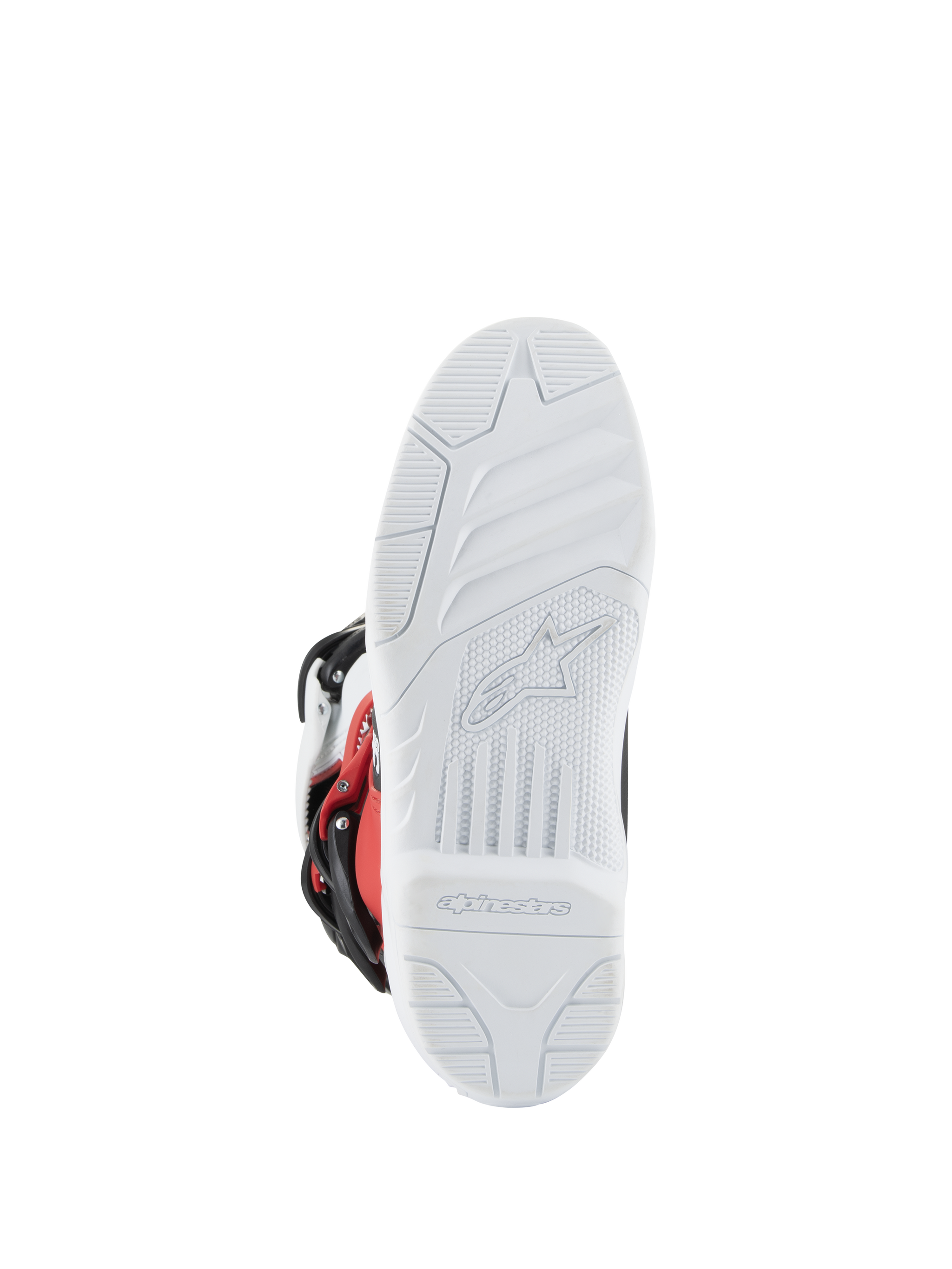 Alpinestars Youth Tech 3S Boots, Motocross Boots, White Black and Bright Red, sole view showing white textured tread with molded Alpinestars logo and branding, durable sole for off-road performance