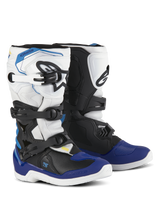 Alpinestars Youth Tech 3S Boots, Motocross Boots, White Black and Enamel Blue, featuring a multi-buckle closure system, textured grip zones, and white soles, durable protective motorcycle boots for youth riders