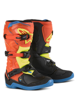 Alpinestars Youth Tech 3S Boots, Motocross Boots for Kids, Orange Fluo, Enamel Blue and Yellow Fluo, blue soles, three-buckle closure system, protective TPU shin plates, off-road riding gear