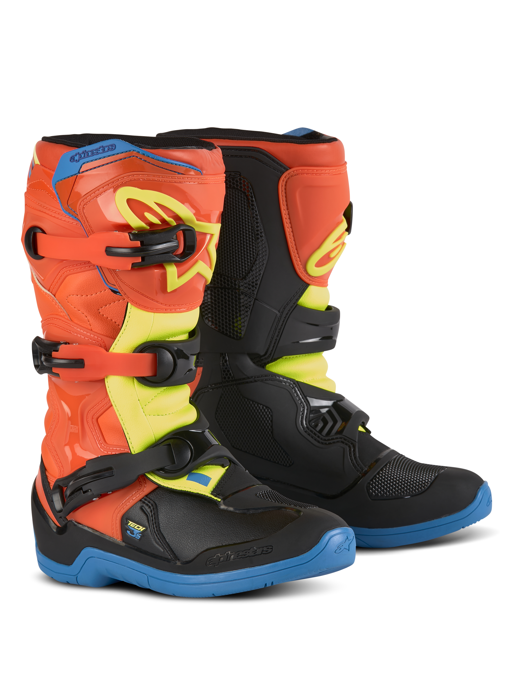 Alpinestars Youth Tech 3S Boots, Motocross Boots for Kids, Orange Fluo, Enamel Blue and Yellow Fluo, blue soles, three-buckle closure system, protective TPU shin plates, off-road riding gear