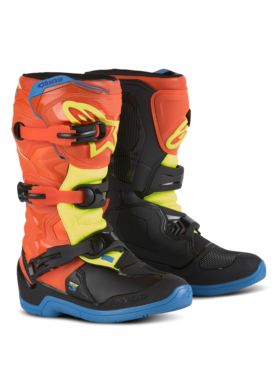 Alpinestars Youth Tech 3S Boots, Motocross Boots for Kids, Orange Fluo, Enamel Blue and Yellow Fluo, blue soles, three-buckle closure system, protective TPU shin plates, off-road riding gear