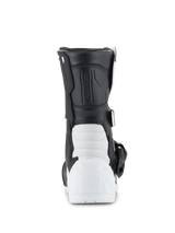 Alpinestars Kids Tech 3S Boots, Motocross Boots, White and Black, Rear view showing the reinforced TPU heel with Tech Series branding, black synthetic upper and white lower shell construction, protective youth off-road footwear
