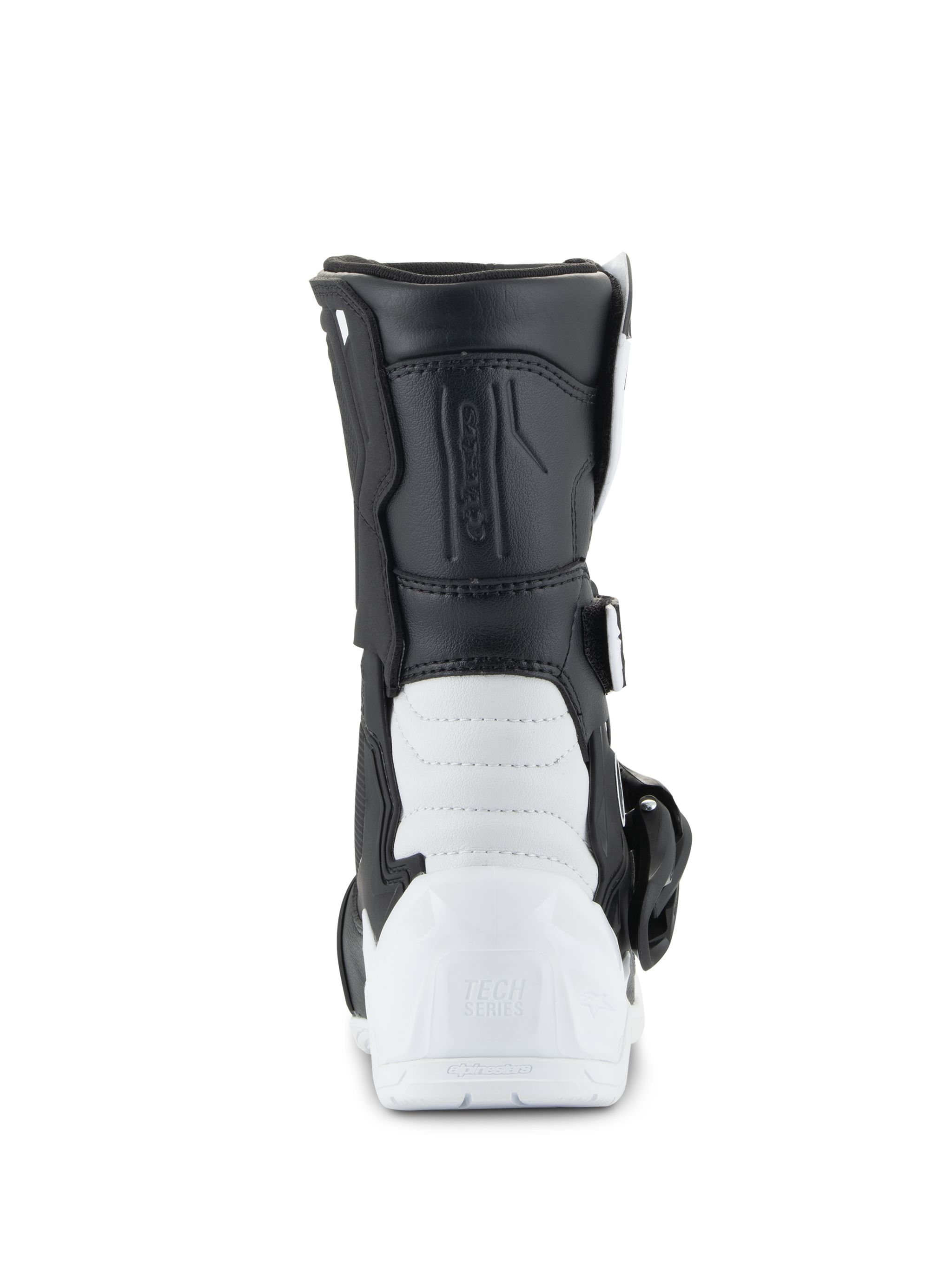 Alpinestars Kids Tech 3S Boots, Motocross Boots, White and Black, Rear view showing the reinforced TPU heel with Tech Series branding, black synthetic upper and white lower shell construction, protective youth off-road footwear