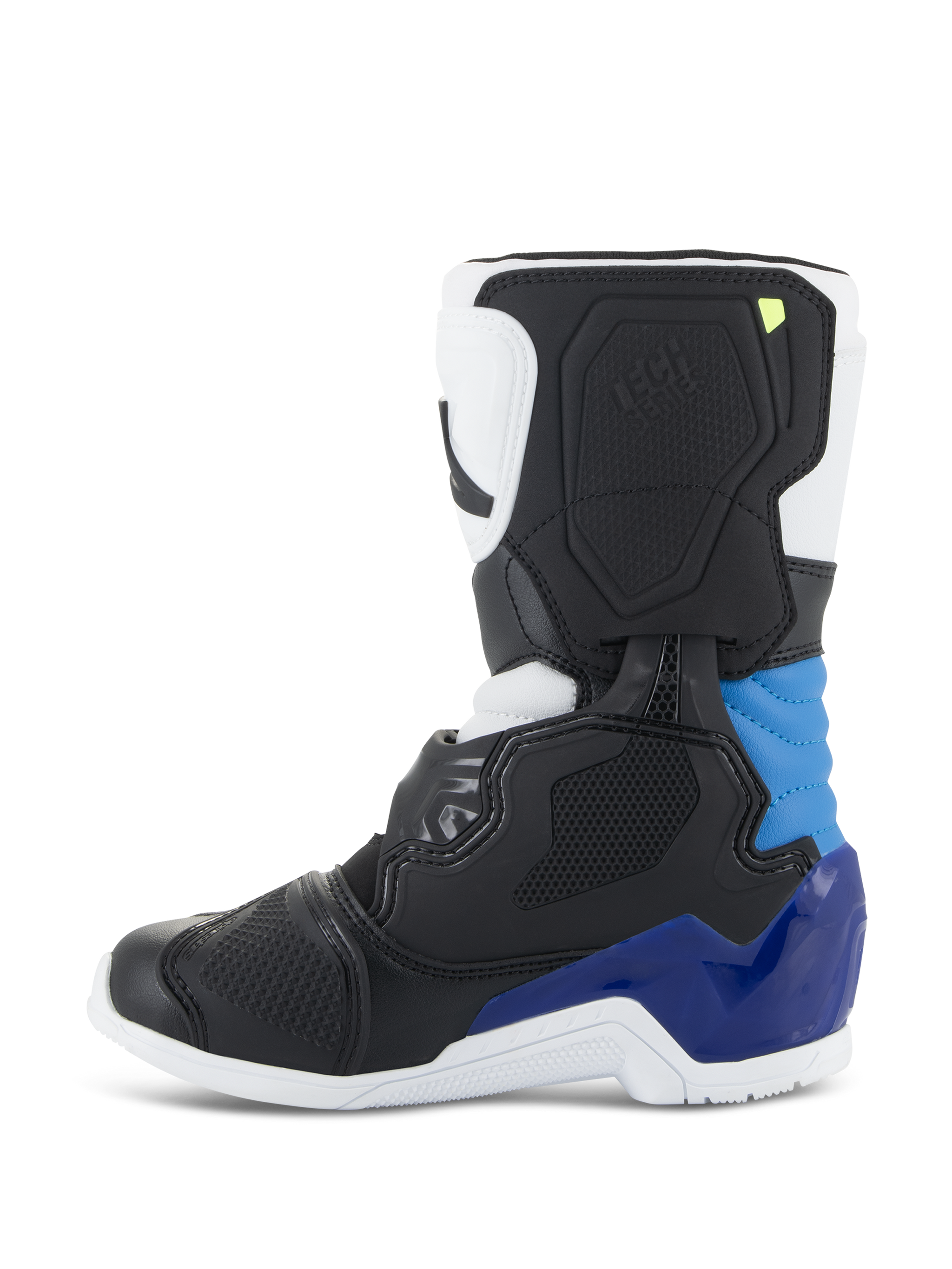 Alpinestars Kids Tech 3S Boots, Motocross Boots, White Black Enamel Blue, side profile featuring black and white panels with vibrant blue heel and ankle accents, white sole, and structured protective shell for off-road racing