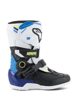 Alpinestars Kids Tech 3S Boots, Youth Motocross Boots, White and Black with Enamel Blue and Yellow accents, side view showing protective buckle straps and rugged sole, off-road racing footwear