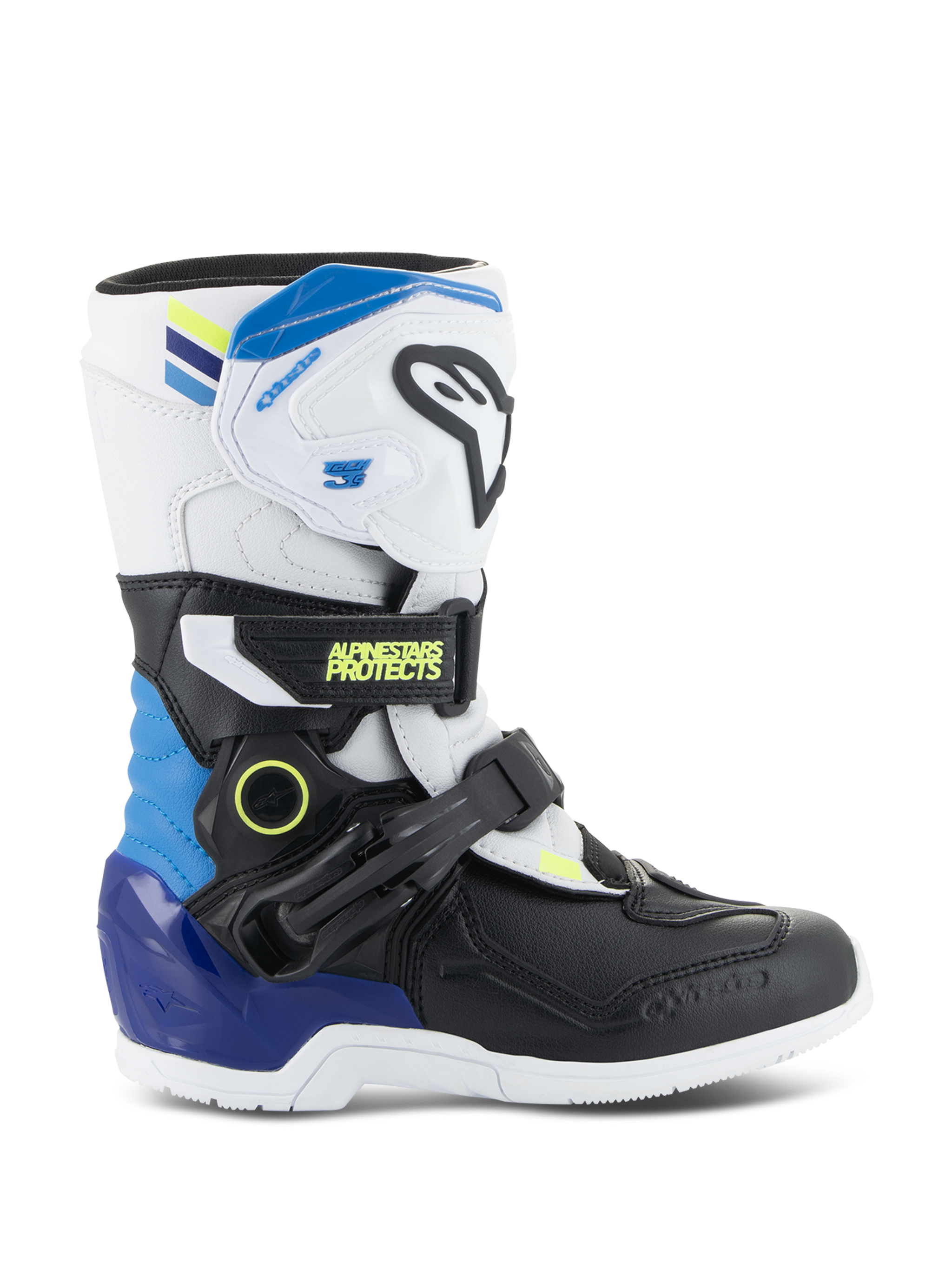 Alpinestars Kids Tech 3S Boots, Youth Motocross Boots, White and Black with Enamel Blue and Yellow accents, side view showing protective buckle straps and rugged sole, off-road racing footwear